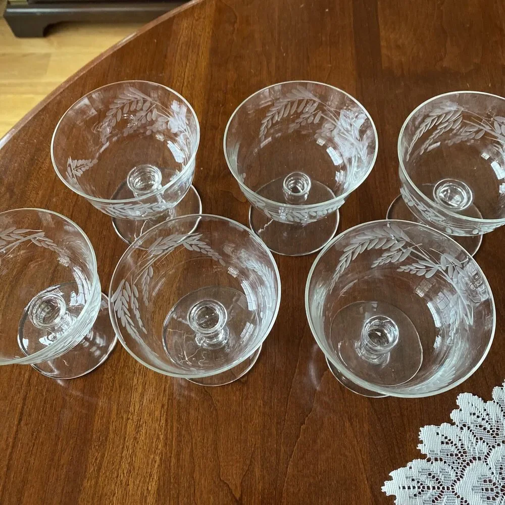 Sasaki Japan SAS28 Low Sherbets Clear Etched Crystal Mid Century Elegant Set (6)